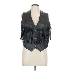 Interstate Leather Concho Buttons Black Western Fringe Vest Biker Motorcycle L
